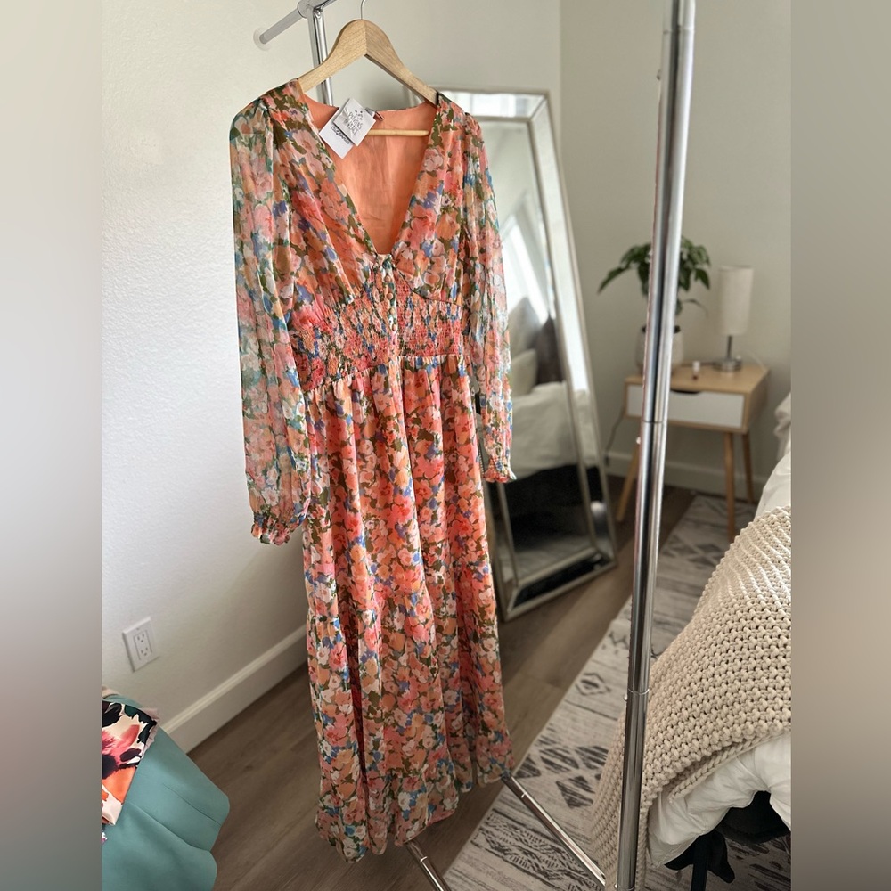 Patrons of Peace Orange Maxi Dress with Plunge Neckline and Bishop Sleeves